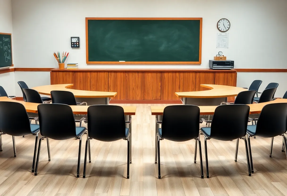 Abstract representation of a school board meeting room illustrating governance issues