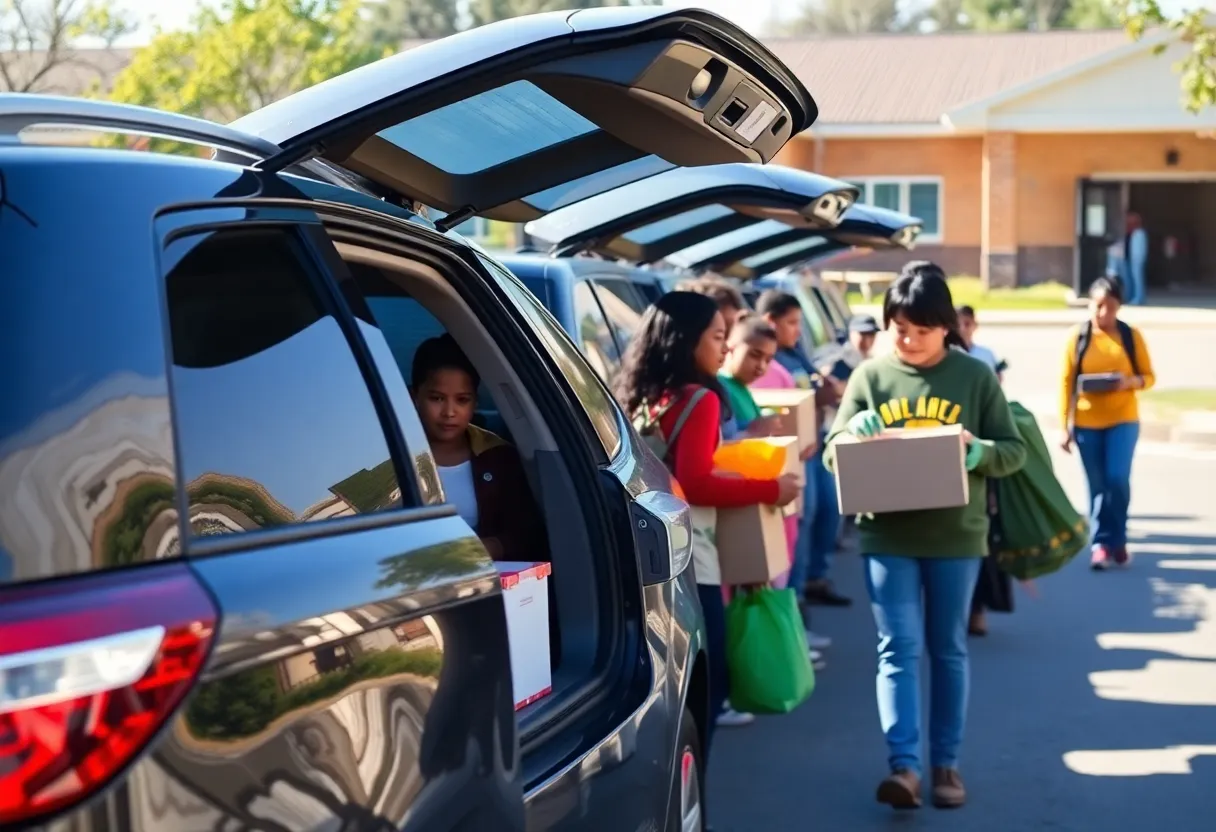 Families receiving food assistance at a school food distribution event.