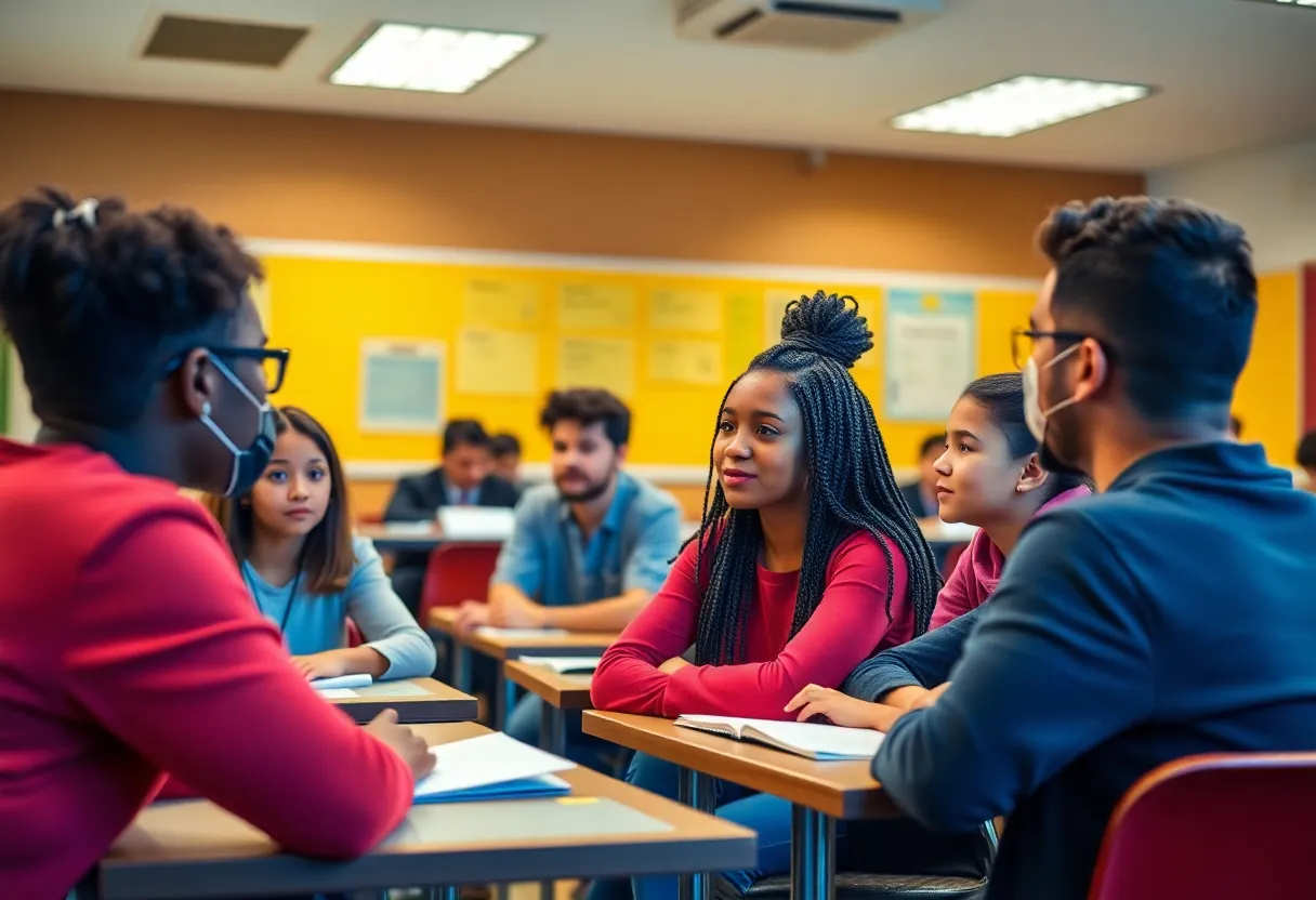 Students engaging in a classroom discussion about educational improvements and school governance.