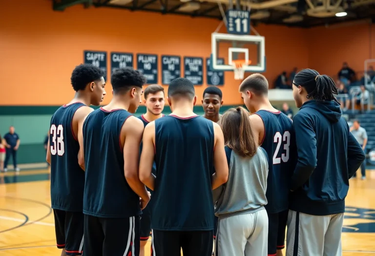 Memphis Tigers basketball team huddling during a game