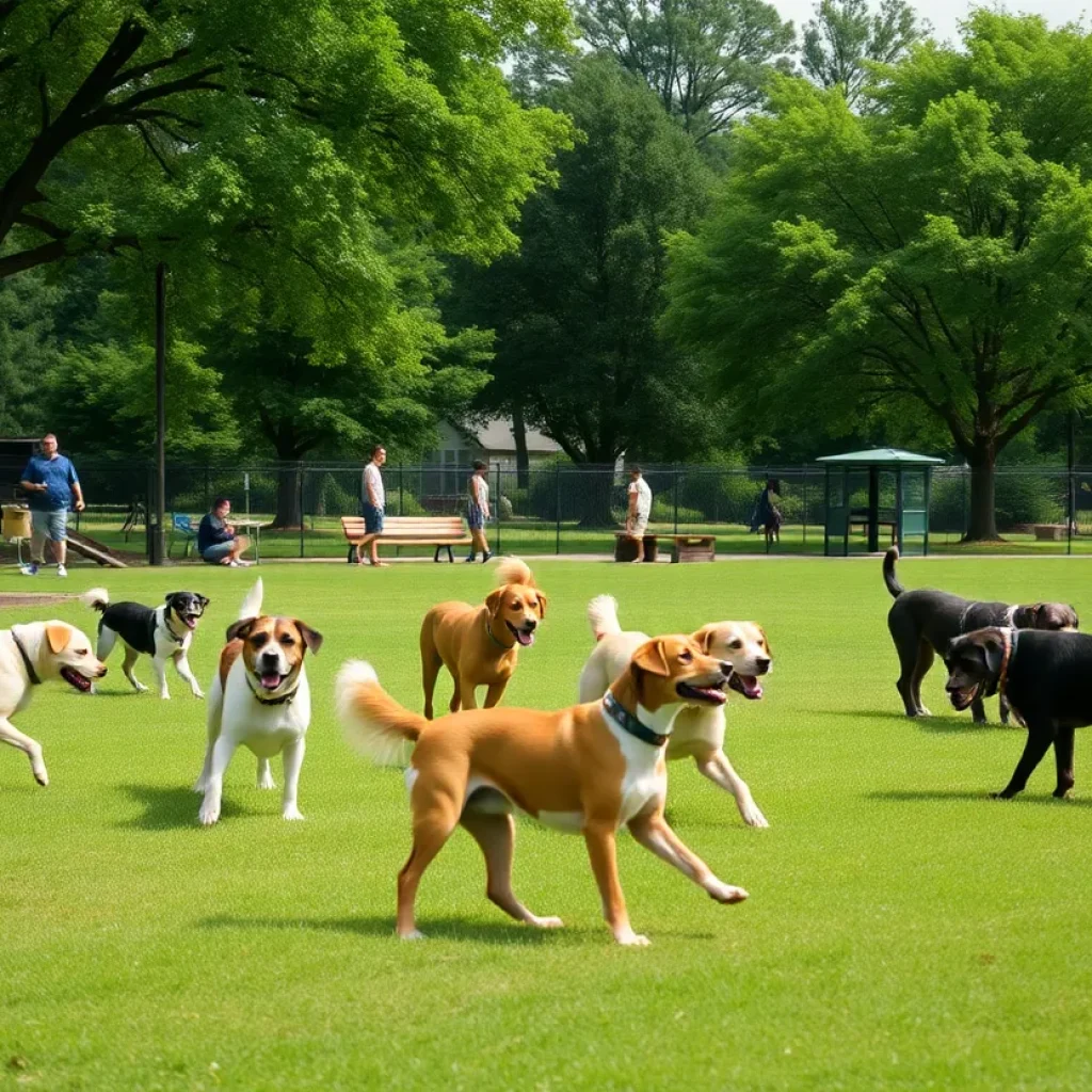 Dogs playing in a sunny Memphis dog park with trees and park benches