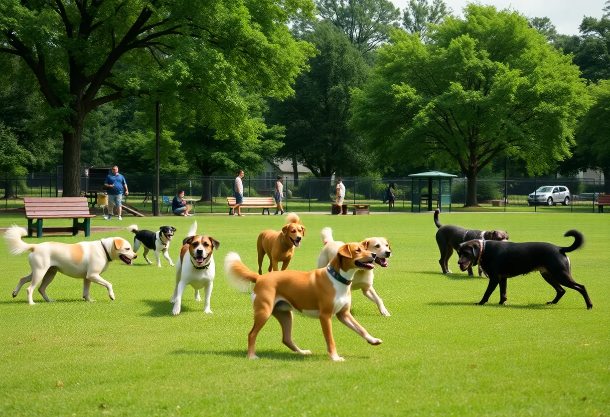 Dogs playing in a sunny Memphis dog park with trees and park benches
