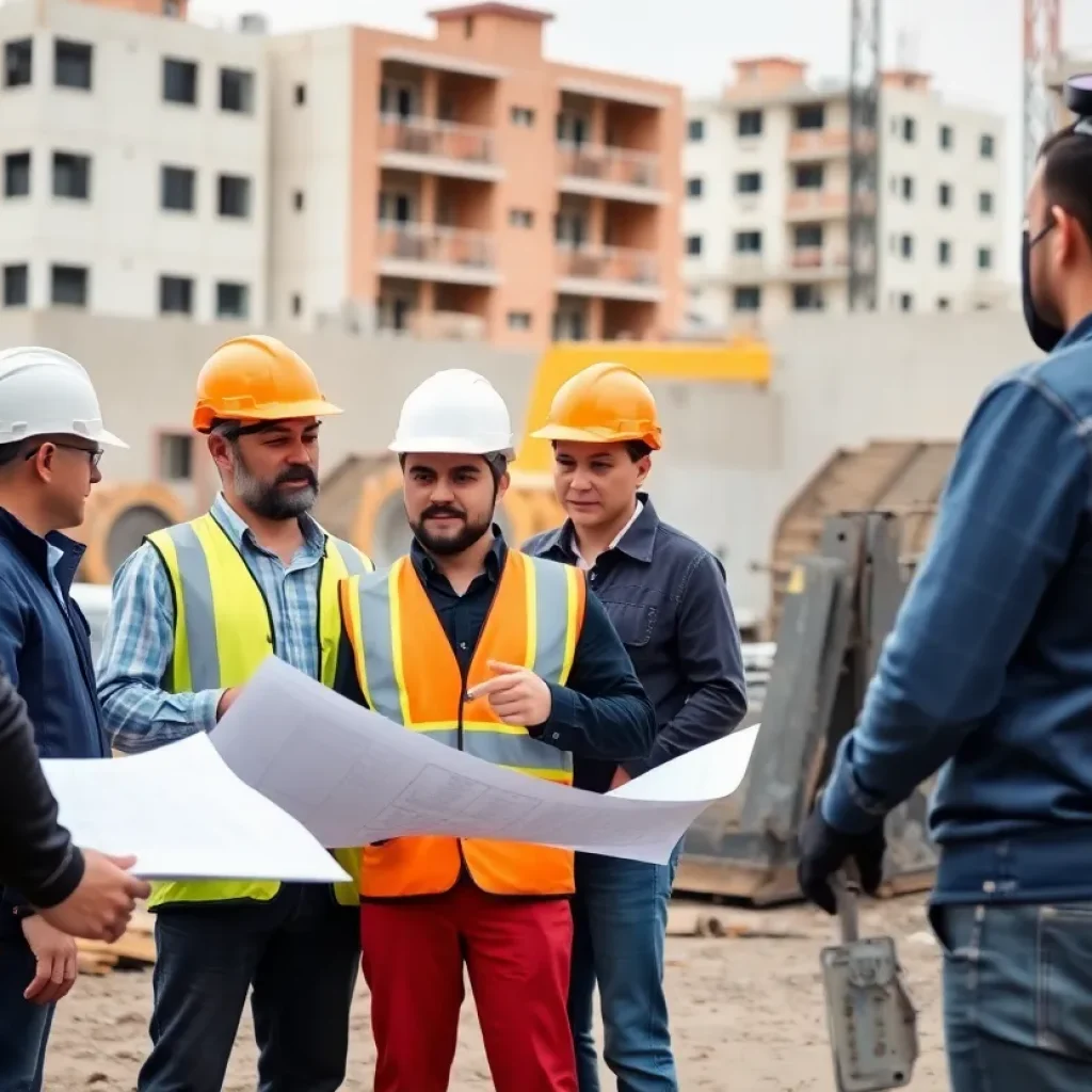 Diverse group of minority contractors at a construction site collaborating on a project.
