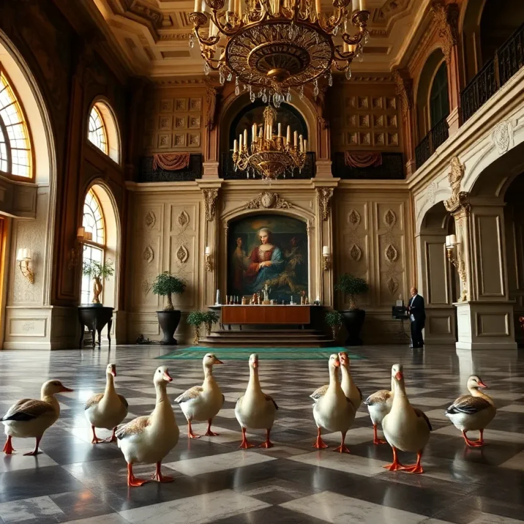 Interior of Peabody Hotel lobby with ducks