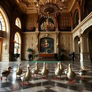 Interior of Peabody Hotel lobby with ducks