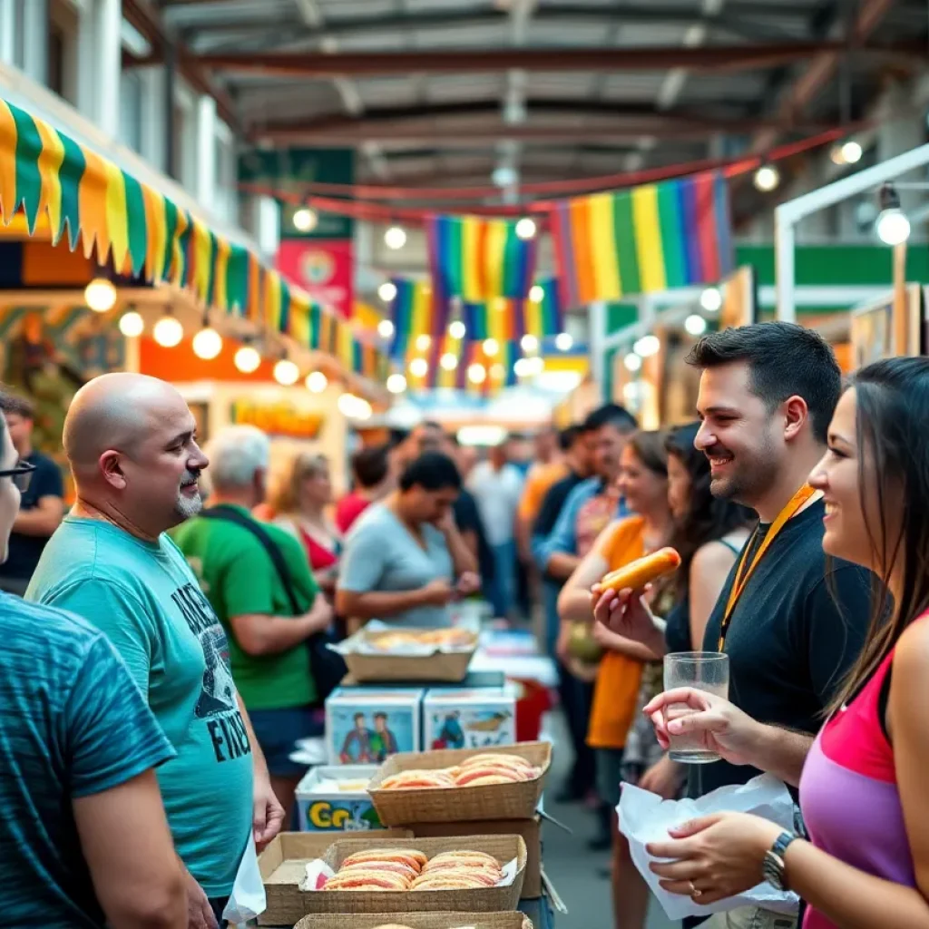 A vibrant scene from the queer vendor market in Memphis with various stalls and community engagement.