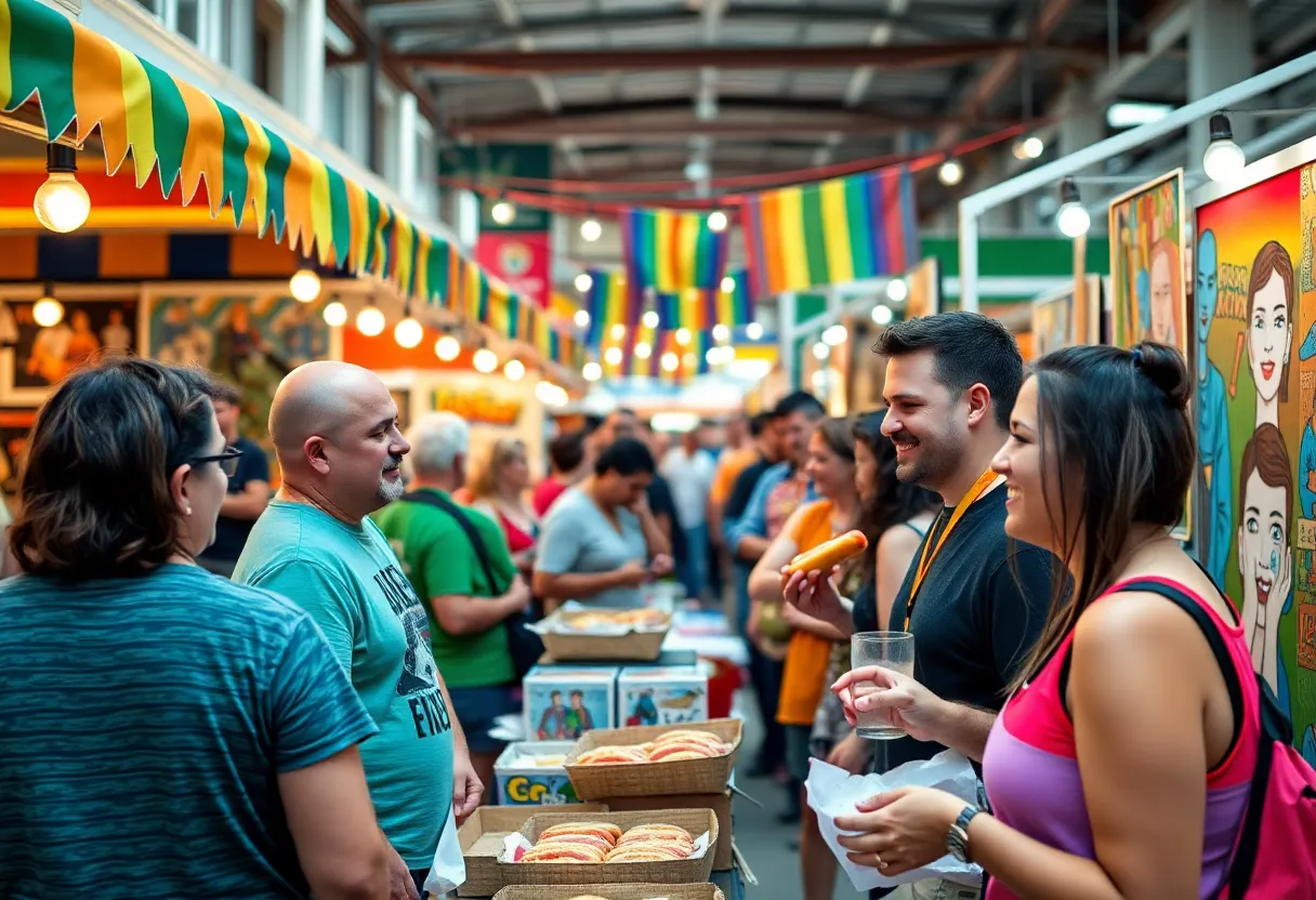 A vibrant scene from the queer vendor market in Memphis with various stalls and community engagement.