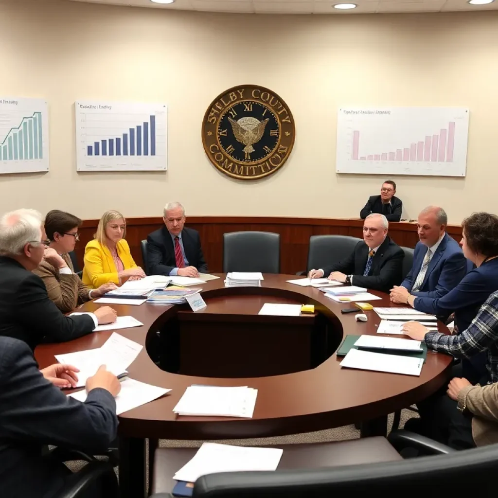 Shelby County Commission members discussing budget amendments in a meeting room