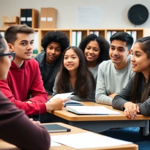 Diverse group of students engaged in discussion in classroom