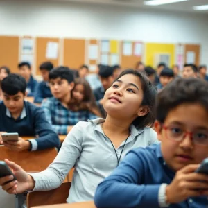 Students actively participating in a classroom without personal devices