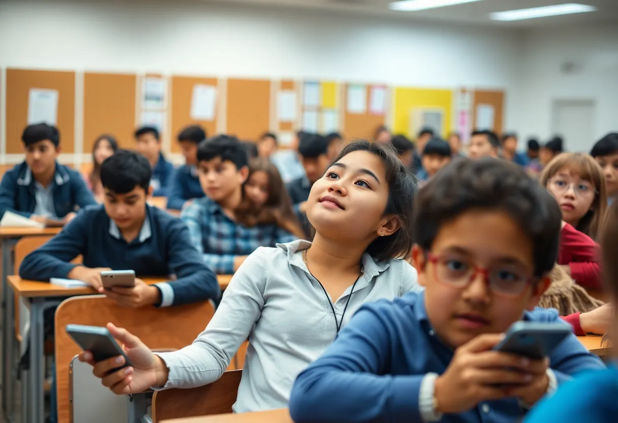 Students actively participating in a classroom without personal devices