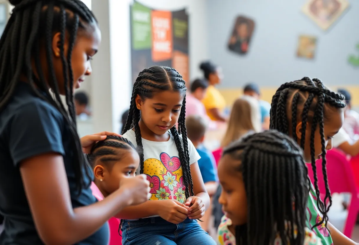 Girls participating in a hairstyling program at Teens Slay University