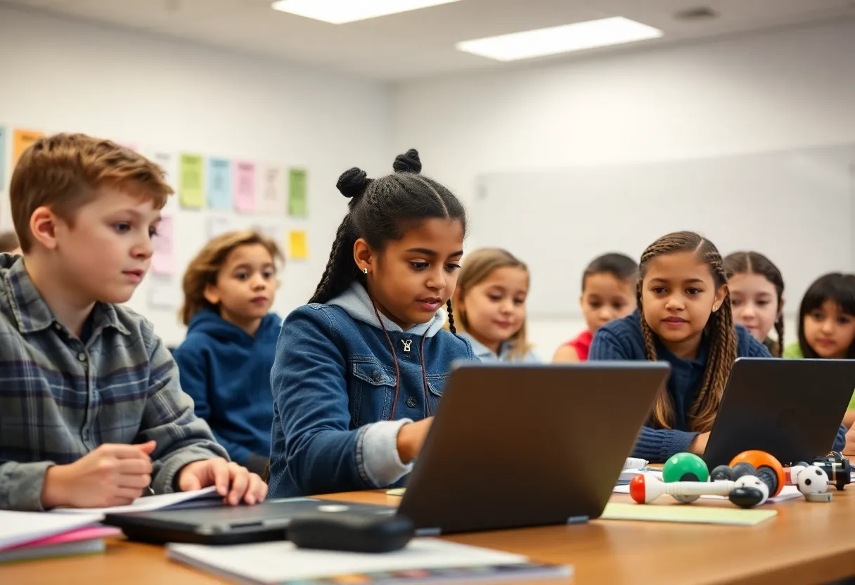 Students learning about social media safety in a classroom