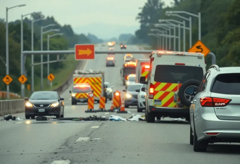 Crash scene involving multiple vehicles on a highway