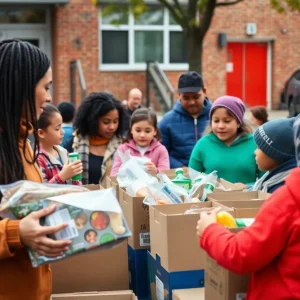 Mobile food pantry distribution at Treadwell Middle School