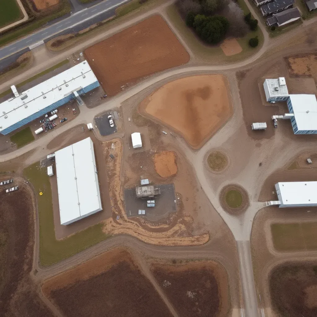 Aerial view of the Velsicol Chemical Company plant site in Memphis showing evidence of environmental contamination.