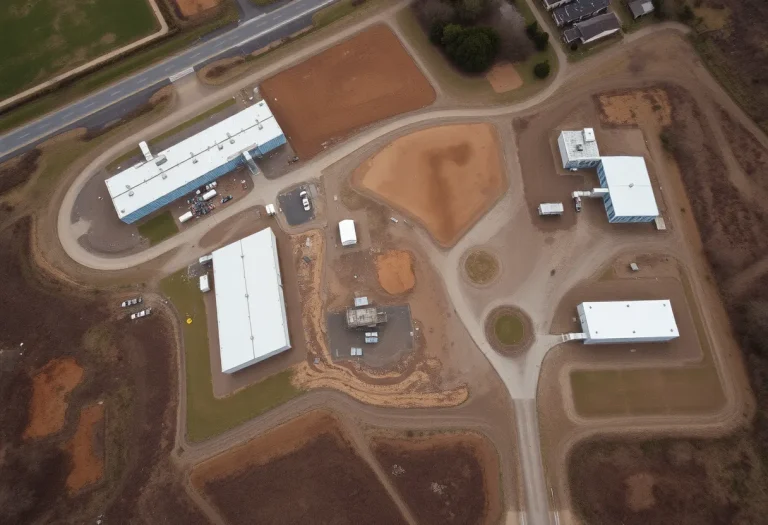 Aerial view of the Velsicol Chemical Company plant site in Memphis showing evidence of environmental contamination.