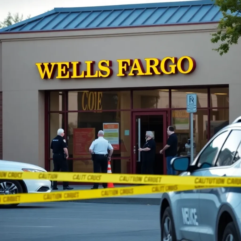 Exterior view of Wells Fargo bank in Memphis after a robbery incident with police outside