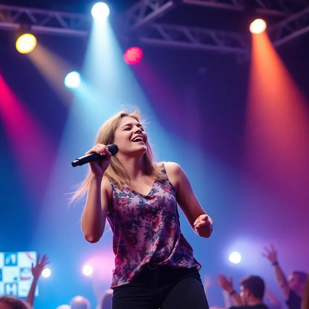 Female rock artist performing on stage with an enthusiastic audience