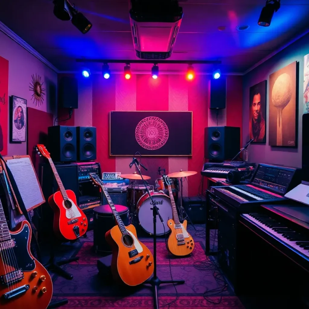A music studio with instruments and sound equipment, symbolizing creativity and artistic expression.