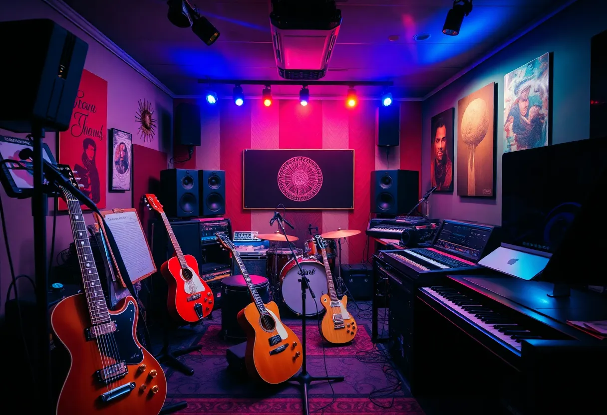 A music studio with instruments and sound equipment, symbolizing creativity and artistic expression.