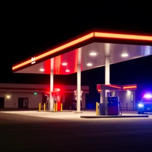 Police lights at a gas station at night