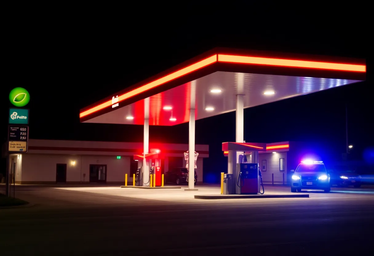 Police lights at a gas station at night
