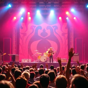 A vintage concert stage with musical instruments, capturing the essence of 1970s rock music.