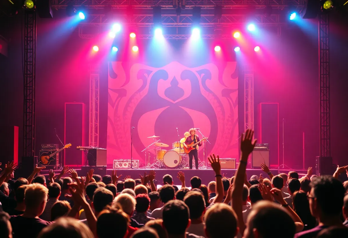 A vintage concert stage with musical instruments, capturing the essence of 1970s rock music.