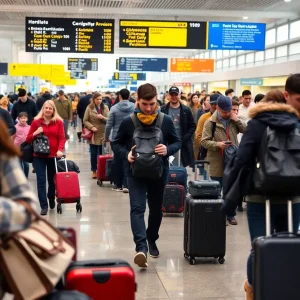 Crowded airport filled with travelers during Labor Day weekend