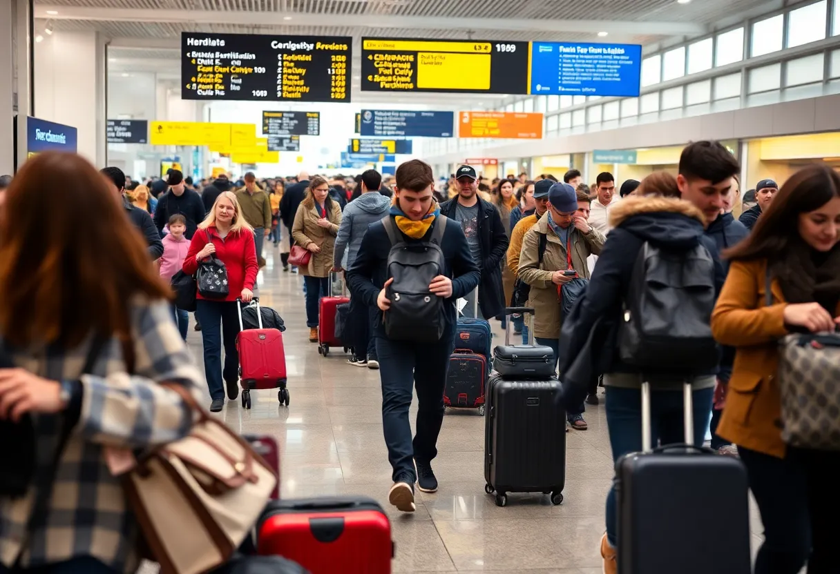 Crowded airport filled with travelers during Labor Day weekend