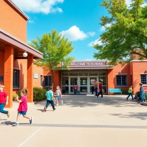 Exterior view of Campus School Kimball with children playing outside