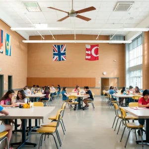 Students in a high school cafeteria during warm weather