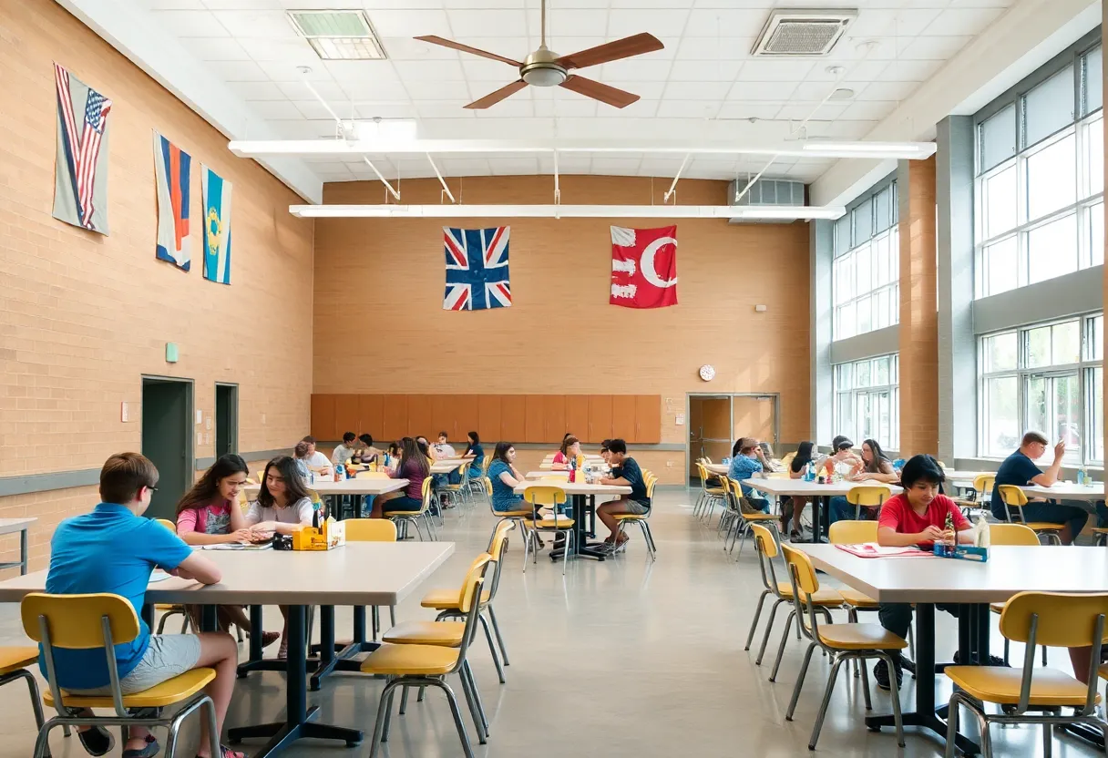 Students in a high school cafeteria during warm weather