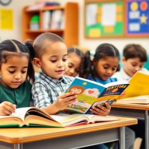 Children reading books in a lively classroom environment