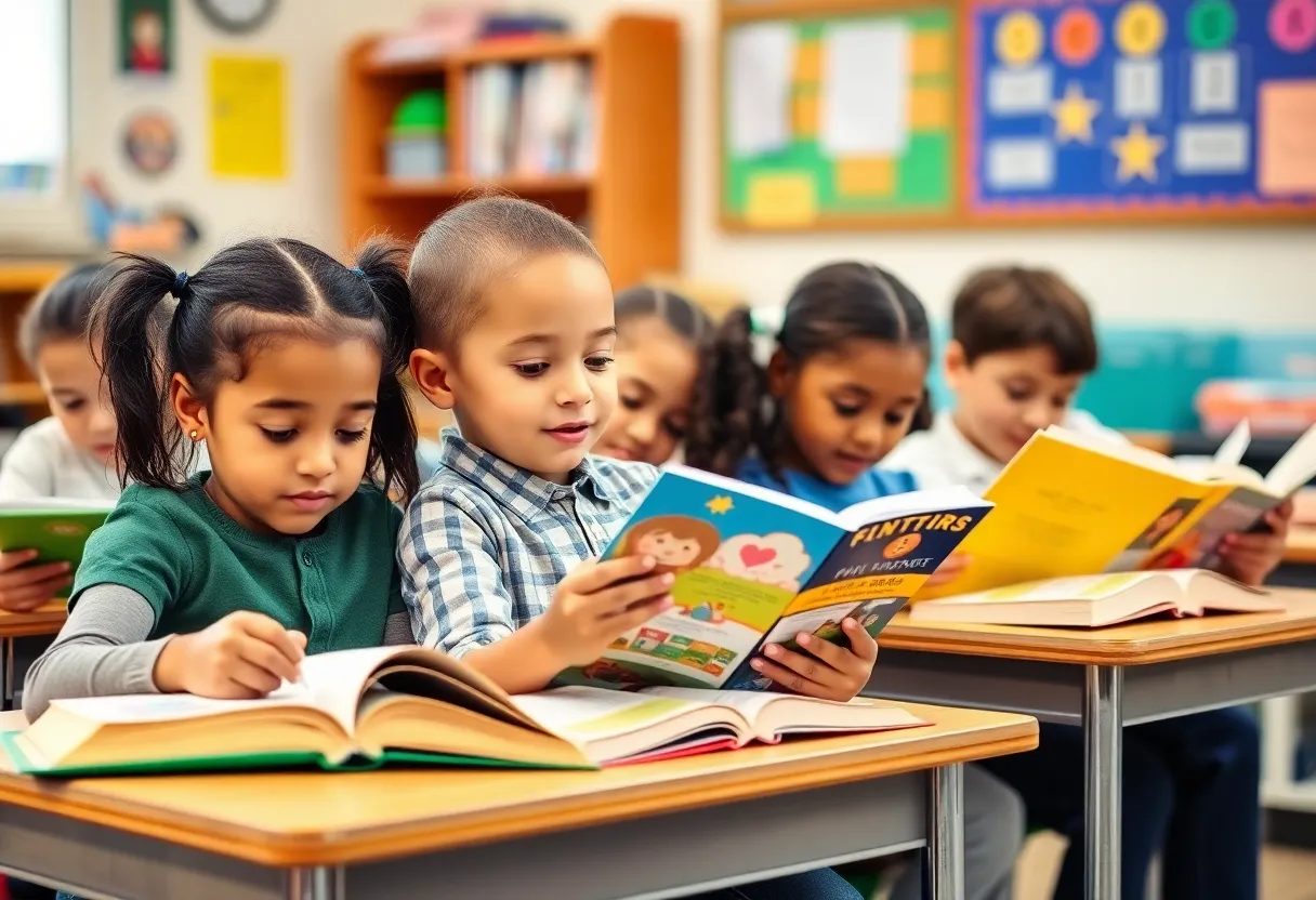 Children reading books in a lively classroom environment
