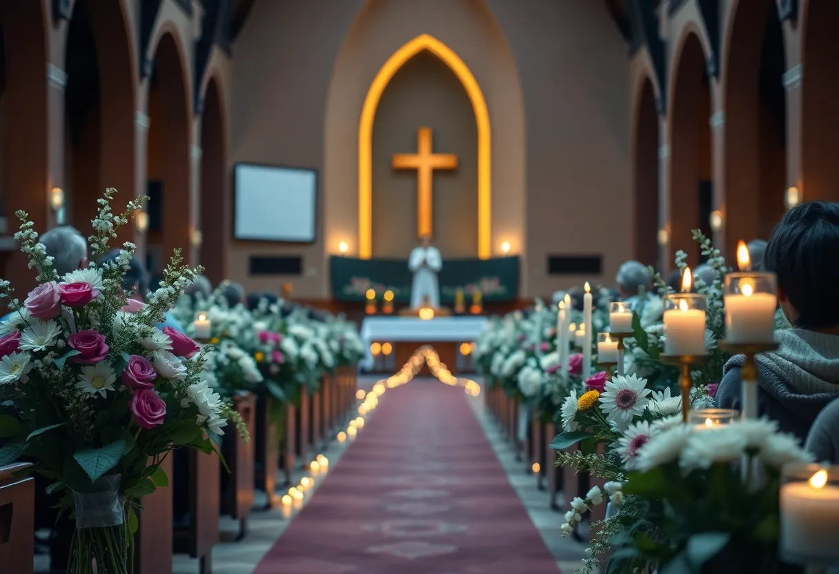 Candles and flowers surrounding a church entrance in remembrance of shooting victims