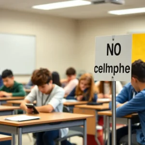 A classroom displaying a 'No Cellphones' sign with students engaged in learning.