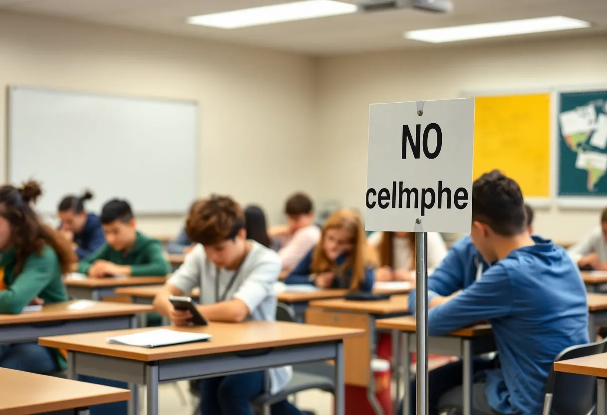 A classroom displaying a 'No Cellphones' sign with students engaged in learning.