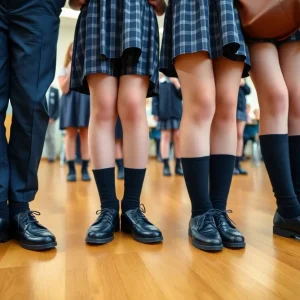 Students in a classroom wearing black shoes as part of a school dress code