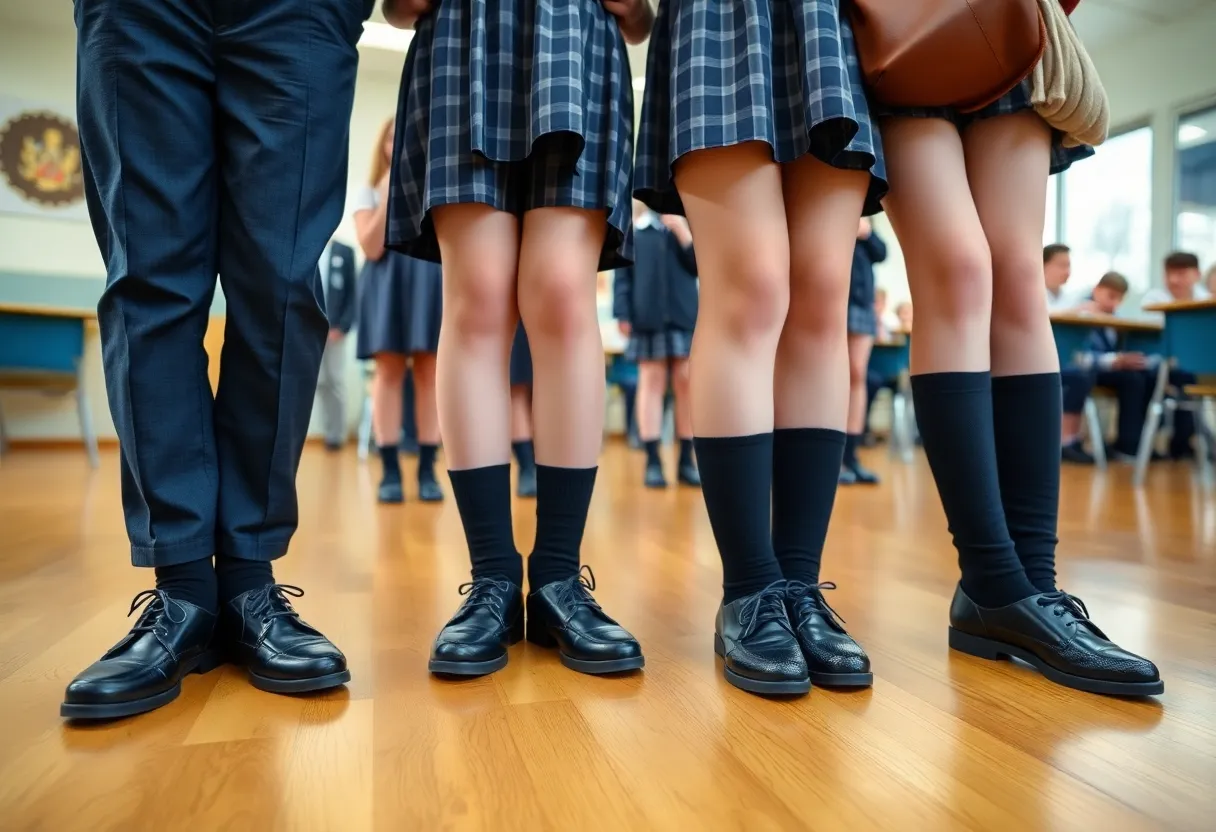 Students in a classroom wearing black shoes as part of a school dress code