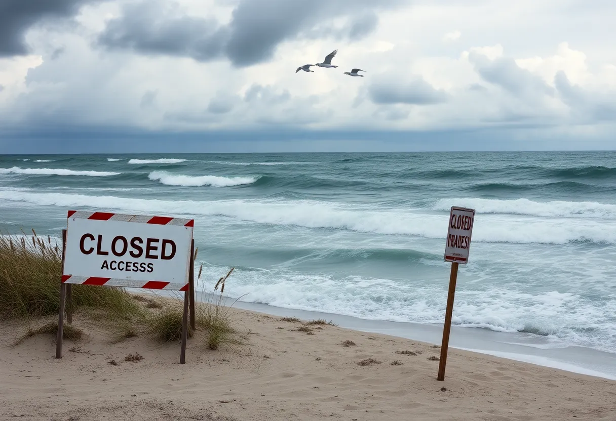 Turbulent ocean waves with closed beach signs during Hurricane Erin