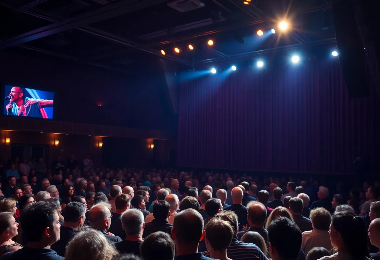 A vibrant comedy show scene displaying an audience filled with support and energy.