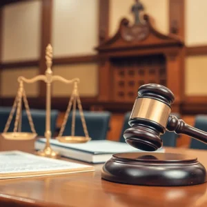 Courtroom depicting legal proceedings related to fraud cases