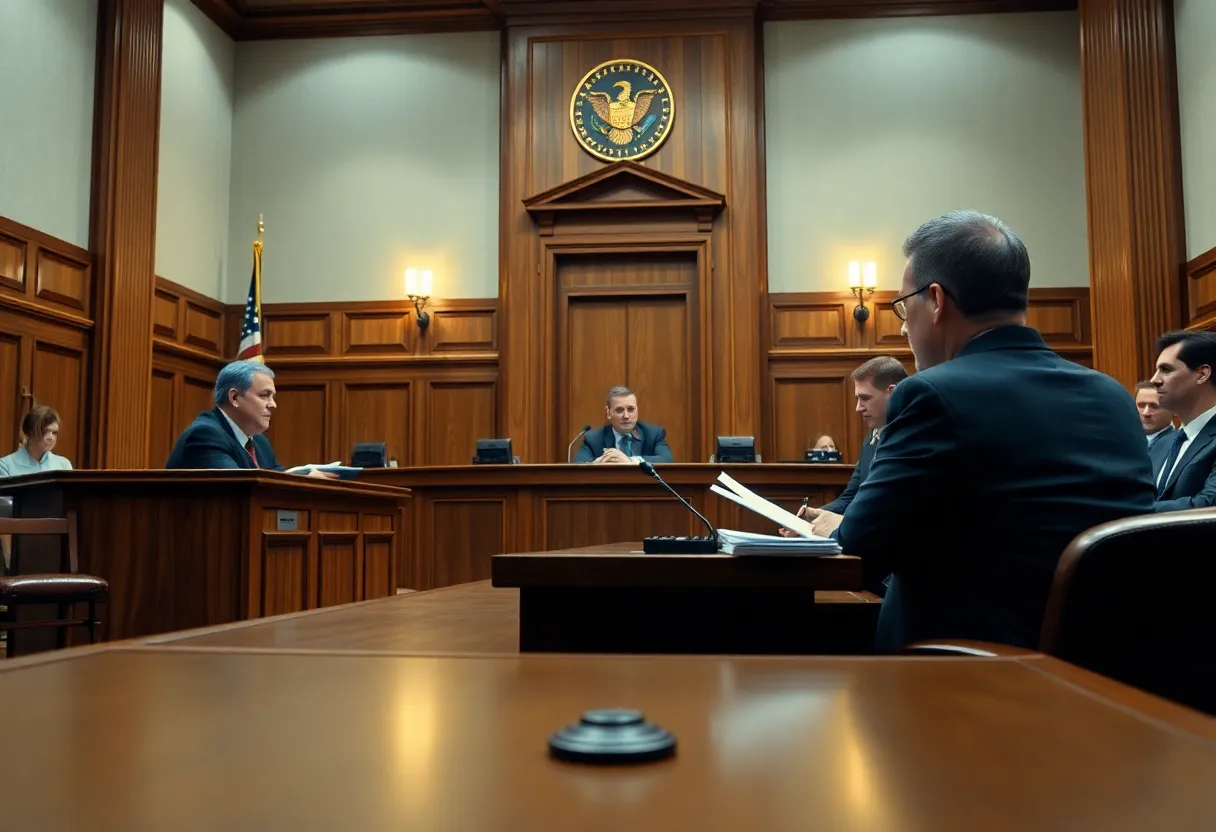 Courtroom where a judge deliberates on a civil lawsuit