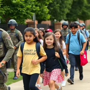 Students walking to school with a visible law enforcement presence in Washington D.C.