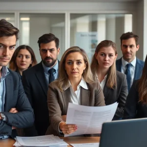 A group of worried employees discussing job security in an office.