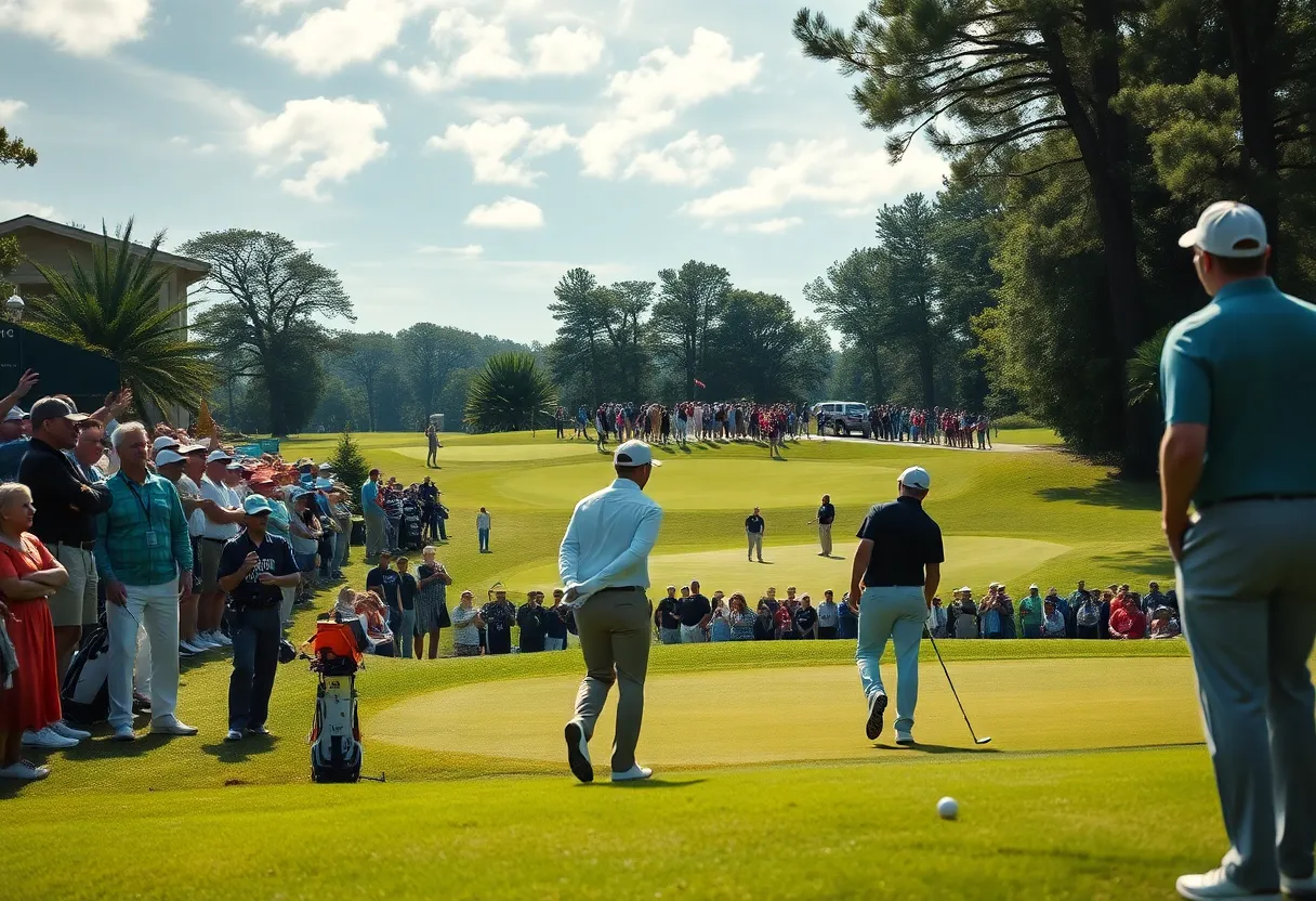 Golf players competing at the FedEx St. Jude Championship on a sunny day.