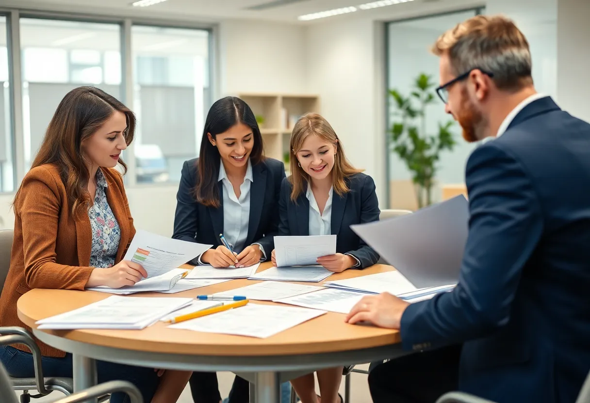 Educators and auditors collaborating on a forensic audit in an office.