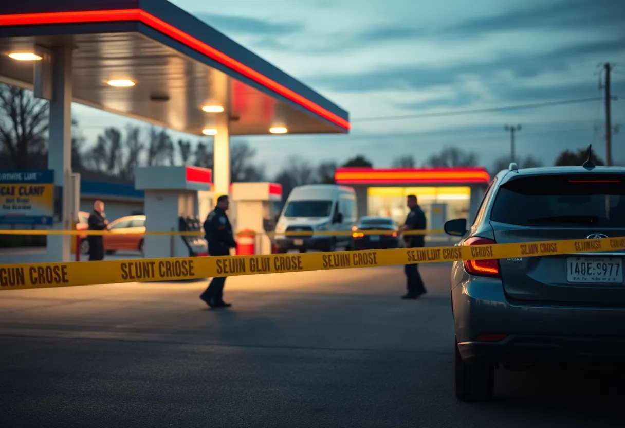 Police officers investigating a crime scene at a gas station.